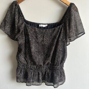 Lush Top Black Womens Medium Polka Dot Elastic Waist Blouse Short Sleeve Lined